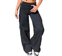 Nuofengkudu Ladies Black Wide Leg Cargo Trousers Y2K Stretch Utility Multi Pockets Elasticated High Waisted Flared Bootleg Loose Fit Pull on Work Pants Vintage Bottoms Streetwear Casual Outdoor XXL