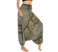 Nuofengkudu Ladies Harem Trousers Patterned Off The Shoulder Jumpsuit Loose Romper High Waist Drop Crotch Pants Fisherman Summer Beach Loungewear(S-Elephant Dark Green)