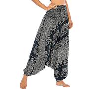 Nuofengkudu Ladies Harem Trousers Patterned Off The Shoulder Jumpsuit Loose Romper High Waist Drop Crotch Pants Fisherman Summer Beach Loungewear(S-Elephant Black)