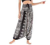 Nuofengkudu Ladies Harem Trousers Patterned Off The Shoulder Jumpsuit Loose Romper High Waist Drop Crotch Pants Fisherman Summer Beach Loungewear(Black Fish,One Size)
