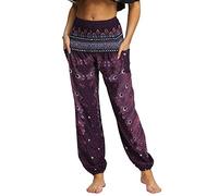 Nuofengkudu Ladies Hippie Baggy Harem Trousers Smocked High Waist Soft Boho Print Colourful Yoga Pants with Pockets Lightweight Flowy Travel Holiday Beachwear (Dark Purple A,One Size)