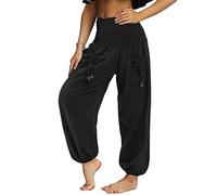 Nuofengkudu Ladies Pleated Hight Waist Trousers with Pockets Loose Retro Plain Lightweight Hippie Bloomers Harem Yoga Pants Comfy Leisure Lounge Wear Summer Holiday Streetwear Black XL