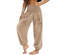 Nuofengkudu Ladies Pleated Hight Waist Trousers with Pockets Loose Retro Plain Lightweight Hippie Bloomers Harem Yoga Pants Comfy Leisure Lounge Wear Summer Holiday Streetwear Apricot M