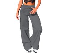Nuofengkudu Ladies Wide Leg Cargo Trousers Y2K Stretch Utility Multi Pockets Elasticated High Waisted Flared Bootleg Loose Fit Pull on Work Pants Vintage Bottoms Streetwear Casual Outdoor Grey XXL