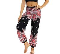 Nuofengkudu Ladies Women's Hippie Trousers Boho Vintage Patterned Smocked Waist with Pockets Lightweight Thin Yoga Pants Black Red Flower
