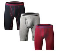 Nuofengkudu Mens Long Leg Boxers Shorts Anti Chafing Stretch Cotton Underpants Longer Legged Trunks Briefs with Fly Pouch Waistband Breathable Soft Sports Underwear 3 Pack Red Grey Blue L