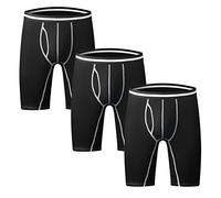 Nuofengkudu Mens Long Leg Boxers Shorts Anti Chafing Stretch Cotton Underpants Longer Legged Trunks Briefs with Fly Pouch Waistband Breathable Soft Sports Underwear 3 Pack Black M
