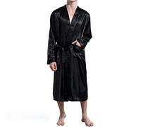 Nuofengkudu Mens Satin Dressing Gown Long Lightweight Silky Robe Kimono Bathrobe with Belt Pockets Loungewear Nightwear Spa Wedding Halloween Cosplay Party(Black,XXL)