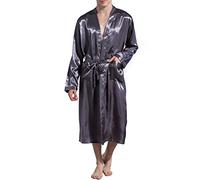 Nuofengkudu Mens Satin Dressing Gown Long Lightweight Silky Robe Kimono Bathrobe with Belt Pockets Loungewear Nightwear Spa Wedding Halloween Cosplay Party (Grey,M)