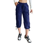 Nuofengkudu Summer Cropped Trousers 3/4 Length Cut Off Wide Leg Elasticated Waist Drawstring 6 Utility Pockets Ladies Capri Pants Stretchy Teen Girls Cargo Shorts Joggers Athletic Navy Blue 2XL