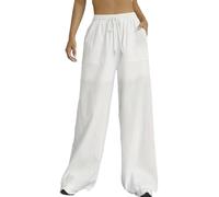 Nuofengkudu White Wide Leg Trousers for Women UK Cotton Linen Drawstring Elastic Waist Pockets Loose Long Ladies Lounge Pants Yoga Comfy Lightweight Bottoms Leisure Joggers Summer Holiday Beach 3XL