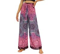 Nuofengkudu Women Boho Wide Leg Trousers Smocked High Waisted Belted Summer Flowy Hippie Patterned Rayon Lightweight Petite Ladies Palazzo Lounge Pants Casual Holiday Beach Party Size Rose Purple C