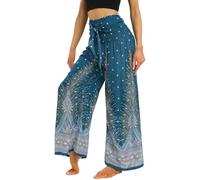 Nuofengkudu Women Boho Wide Leg Trousers Smocked High Waisted Belted Summer Flowy Hippie Patterned Rayon Lightweight Petite Ladies Palazzo Lounge Pants Casual Holiday Beach Party One Size Green A