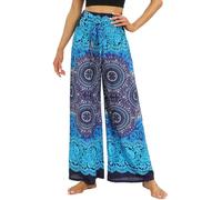 Nuofengkudu Women Boho Wide Leg Trousers Smocked High Waisted Belted Summer Flowy Hippie Patterned Rayon Lightweight Petite Ladies Palazzo Lounge Pants Casual Holiday Beach Party One Size Blue C