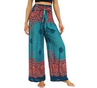 Nuofengkudu Women Boho Wide Leg Trousers Smocked High Waisted Belted Summer Flowy Hippie Patterned Rayon Lightweight Petite Ladies Palazzo Lounge Pants Casual Holiday Beach Party One Size Green B