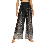 Nuofengkudu Women Boho Wide Leg Trousers Smocked High Waisted Belted Summer Flowy Hippie Patterned Rayon Lightweight Petite Ladies Palazzo Lounge Pants Casual Holiday Beach Party One Size Black A