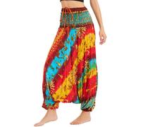 Nuofengkudu Women Hippy Drop Crotch Harem Trousers Patterned Shirred High Waisted Comfy Bandeau Culotte Jumpsuit Baggy Romper Bohemian Yoga Pants Festival Fisherman Lounge YanHuo Yellow Blue B