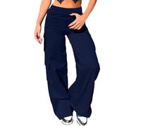 Nuofengkudu Women Wide Leg Cargo Trousers Y2K Stretch Combat Multi Pockets Elasticated High Waisted Flared Bootleg Loose Fit Pull on Ladies Work Pants Vintage Bottoms Streetwear Casual Navy Blue XL