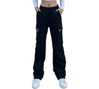 Nuofengkudu Women Wide Leg Combat Cargo Trousers with Zipper Pockets Stretch High Waisted Work Tall Long Pants Loose Fit Lounge Wear Y2K Teen Girls Streetwear Casual