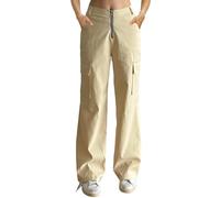 Nuofengkudu Women Zip Front Cargo Work Trousers Wide Leg Elasticated Waist 4 Pockets Relaxed Fit Ladies Utility Stretch Walking Pants with Loop Streetwear Apricot S