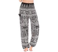 Nuofengkudu Women's Baggy Vintage Patterned Yoga Pants with Pockets Elasticated High Waist Harem Trousers Summer Beachwear(Black Fish,One Size)