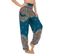 Nuofengkudu Women's Baggy Vintage Patterned Yoga Pants with Pockets Elasticated High Waist Harem Trousers Summer Beachwear(W-Green Floral,One Size)