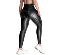 Nuofengkudu Womens Faux Leather Cargo Leggings Pockets High Waisted 7/8 Length Stretch Athletic Shiny Soft Fitness Workout Sports Push up Tummy Control Butt Lift Opaque Slim Fit Pants Black S