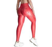 Nuofengkudu Womens Faux Leather Cargo Leggings Pockets High Waisted 7/8 Length Stretch Athletic Shiny Soft Fitness Workout Sports Push up Tummy Control Butt Lift Opaque Slim Fit Pants Red XL