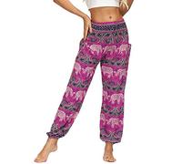 Nuofengkudu Women's Harem Hippie Pants Baggy Boho Patterned High Waist Smocked Waist Thin with Pockets Lounge Trousers for Yoga Summer Beach (One Size, Y-Rose Elephant)