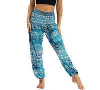 Nuofengkudu Women's Harem Hippie Pants Baggy Boho Patterned High Waist Smocked Waist Thin with Pockets Lounge Trousers for Yoga Summer Beach (One Size, Light Blue Elephant C)