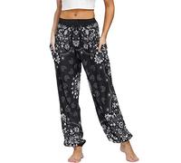 Nuofengkudu Women's Harem Hippie Pants Baggy Boho Patterned High Waist Smocked Waist Thin with Pockets Lounge Trousers for Yoga Summer Beach