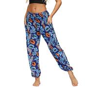 Nuofengkudu Women's Harem Hippie Pants Baggy Boho Patterned High Waist Smocked Waist Thin with Pockets Lounge Trousers for Yoga Summer Beach (One Size, Y-Blue Floral)