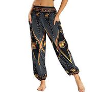 Nuofengkudu Women's Harem Pants Thai Hippie Bohemian Patterned High Waist Smocked Waist Light Weight with Pockets Lounge Trousers for Yoga Summer Beach Black Elephant B(Size: One Size)