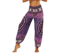 Nuofengkudu Women's Harem Yoga Trousers Hippy Loose Fit Boho Vintage Floral Print Patterned Elasticated High Waist Pants Comfortable Summer Beach Purple