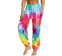 Nuofengkudu Women's Hippie Baggy Harem Trousers Smocked High Waist Soft Bohemian Print Colourful Yoga Pants with Pockets Lightweight Flowy Travel Holiday Beachwear Rainbow B,One Size
