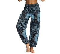 Nuofengkudu Women's Hippie Baggy Harem Trousers Smocked High Waist Soft Bohemian Print Colourful Yoga Pants with Pockets Lightweight Flowy Travel Holiday Beachwear (Blue B,One Size)