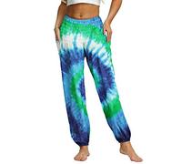 Nuofengkudu Women's Hippie Baggy Harem Trousers Smocked High Waist Soft Bohemian Print Colourful Yoga Pants with Pockets Lightweight Flowy Travel Holiday Party Beachwear (Green A,One Size)