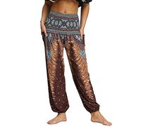 Nuofengkudu Women's Hippie Baggy Harem Trousers Smocked High Waist Soft Bohemian Print Colourful Yoga Pants with Pockets Lightweight Flowy Travel Holiday Beachwear (Brown A,One Size)