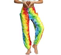 Nuofengkudu Women's Hippie Baggy Harem Trousers Smocked High Waist Soft Boho Print Colourful Loose Fit Yoga Pants with Pockets Lightweight Flowy Travel Holiday Summer Beach Party (Rainbow C,One Size)