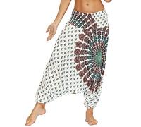 Nuofengkudu Women's Hippie Harem Trousers Drop Crotch Baggy High Waist Yoga Pants Aladdin Boho Thai Patterned Alternative Clothing Beach Party Holiday(W-White,One Size)