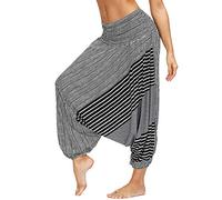 Nuofengkudu Women's Hippie Harem Trousers Drop Crotch Baggy High Waist Yoga Pants Aladdin Boho Thai Patterned Alternative Clothing Beach Party Holiday(W-Black C,One Size)