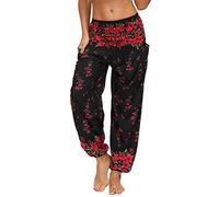 Nuofengkudu Women's Hippie Harem Yoga Pants with Pockets Smocked High Waisted Baggy Soft Bohemian Print Colourful Summer Trousers Lightweight Flowy Travel Holiday Beachwear(X-Black Flower,One Size)