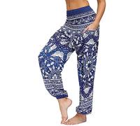Nuofengkudu Women's Hippie Harem Yoga Pants with Pockets Smocked High Waisted Baggy Soft Bohemian Print Colourful Summer Trousers Lightweight Flowy Travel Holiday Beachwear(Y-Navy Blue,One Size)