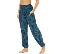 Nuofengkudu Women's Hippie Harem Yoga Pants with Pockets Smocked High Waisted Baggy Soft Bohemian Print Colourful Summer Trousers Lightweight Flowy Travel Holiday Beachwear(Y-Pattern 09,One Size)
