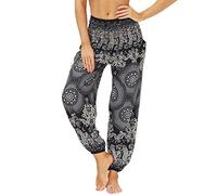Nuofengkudu Women's Hippie Harem Yoga Pants with Pockets Smocked High Waisted Baggy Soft Bohemian Print Colourful Summer Trousers Lightweight Flowy Travel Holiday Beachwear(Y-Pattern 10,One Size)