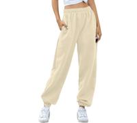 Nuofengkudu Women's Plain Baggy Fleece Tracksuit Bottoms Warm Harem Joggers Pants with Pockets Elastic Waist Thermals Tapered Leg Sweatpants Running Workout Casual Lounge Wear(F-Khaki,M)