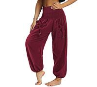 Nuofengkudu Women's Pleated Hight Waist Trousers with Pockets Loose Retro Plain Lightweight Hippie Bloomers Harem Yoga Pants Comfy Leisure Lounge Wear Summer Holiday Streetwear Red S