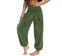 Nuofengkudu Women's Pleated Hight Waist Trousers with Pockets Loose Retro Plain Lightweight Hippie Bloomers Harem Yoga Pants Comfy Leisure Lounge Wear Summer Holiday Streetwear Dark Green L