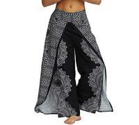 Nuofengkudu Womens Summer Split Leg Trousers Flowy Open Wide Leg Wrap Yoga Pants Loose Hippy Patterned Boho Breathable Palazzo Lightweight Ladies Lounge Bottoms Beach Holiday(Black Floral A,S/M)