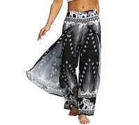 Nuofengkudu Womens Summer Split Leg Trousers Flowy Open Wide Leg Wrap Yoga Pants Loose Hippy Patterned Boho Breathable Palazzo Lightweight Ladies Lounge Bottoms Beach Holiday(Black Peacock B,S/M)